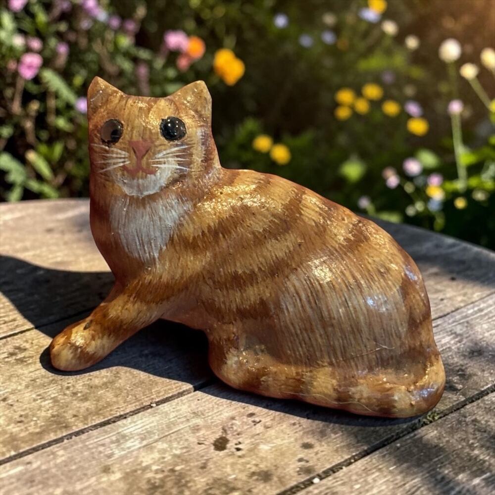 Whimsical Folk Art Cat Brooch Hand Painted Wood Kitty Pin Rustic Vintage